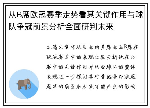 从B席欧冠赛季走势看其关键作用与球队争冠前景分析全面研判未来