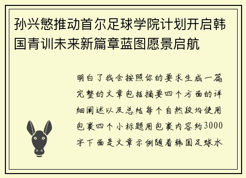 孙兴慜推动首尔足球学院计划开启韩国青训未来新篇章蓝图愿景启航 孙兴慜推动首尔足球学院计划开启韩国青训未来新篇章蓝图愿景启航